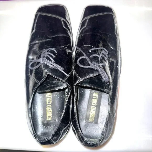 Roberto Chillini Mens Size 9.5 Black Ultra Faux Crocodile/Gator Embossed Oxfords - Picture 7 of 13